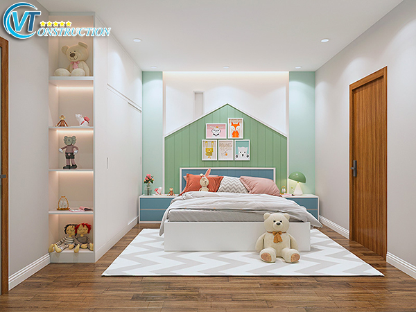 Nội thất phòng ngủ trẻ em được thiết kế với với màu hồng làm điểm nhấn tạo nên một không gian đáng yêu, sôi nổi